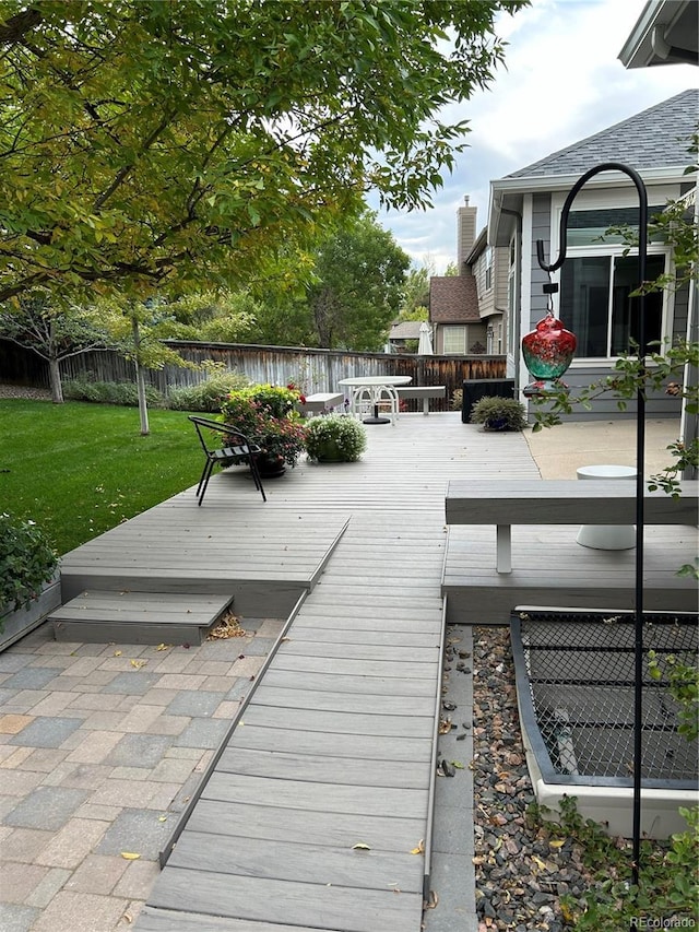 wooden deck featuring a yard