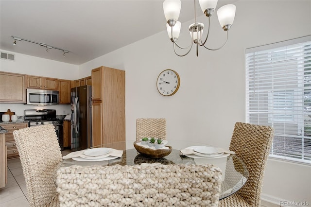 8415 Pebble Creek Way Unit 102, Highlands Ranch, CO 80126 - dining space featuring track lighting, a chandelier, plenty of natural light, and light tile patterned floors