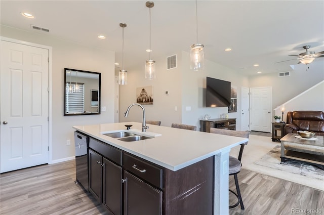 kitchen with dishwasher, hanging light fixtures, a kitchen island with sink, ceiling fan, and sink