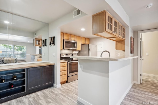 kitchen with stainless steel appliances, decorative backsplash, and light wood-type flooring