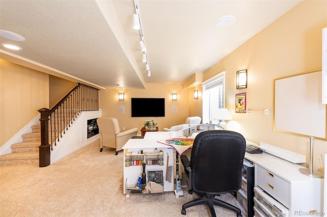 office with baseboards, carpet flooring, and track lighting