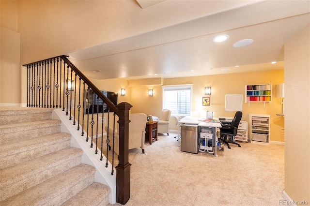 office area featuring carpet, baseboards, and recessed lighting