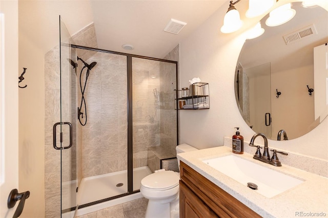 full bathroom with toilet, vanity, a shower stall, and visible vents