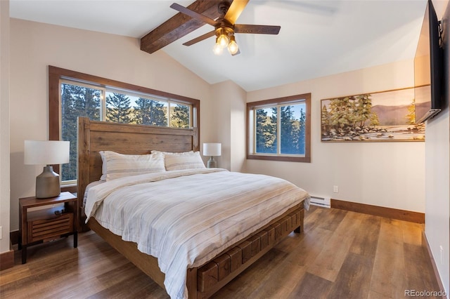 bedroom with vaulted ceiling with beams, a baseboard radiator, wood finished floors, a ceiling fan, and baseboards