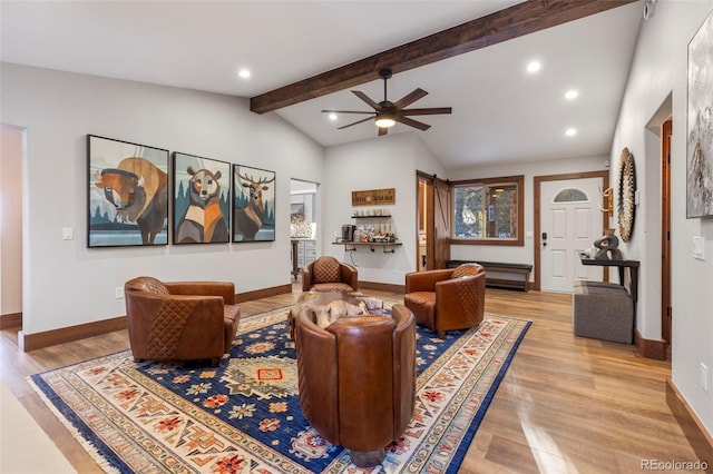 living room with vaulted ceiling with beams, recessed lighting, light wood-type flooring, and baseboards