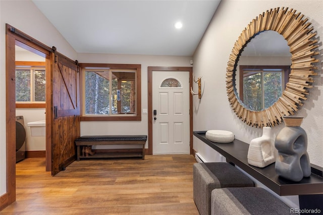 entryway featuring washer / dryer, a healthy amount of sunlight, and light wood-style flooring