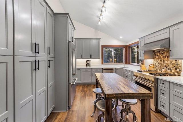 kitchen featuring dark wood-style floors, high quality appliances, vaulted ceiling, gray cabinetry, and under cabinet range hood