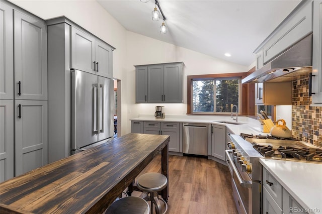 kitchen with lofted ceiling, premium appliances, dark wood-type flooring, a sink, and gray cabinets