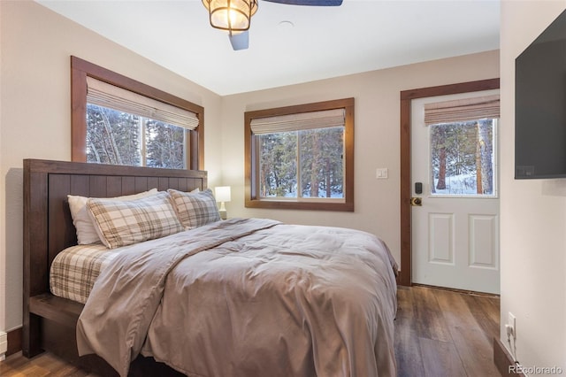 bedroom with multiple windows and wood finished floors