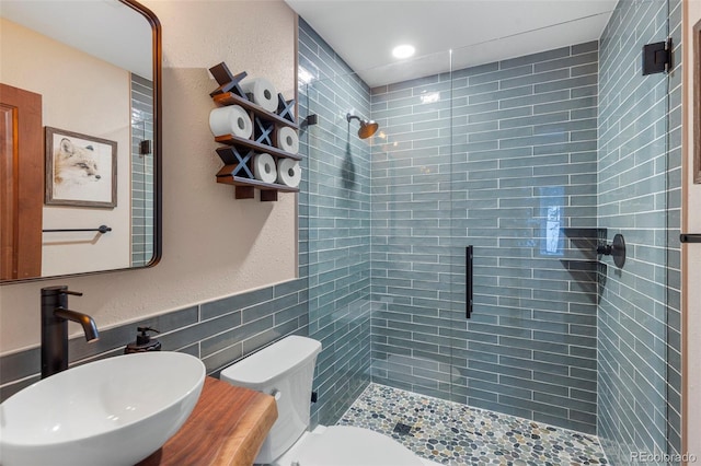 full bathroom with a stall shower, a sink, and toilet