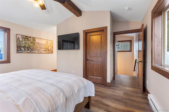 bedroom with baseboards, a ceiling fan, lofted ceiling with beams, a baseboard radiator, and dark wood-type flooring