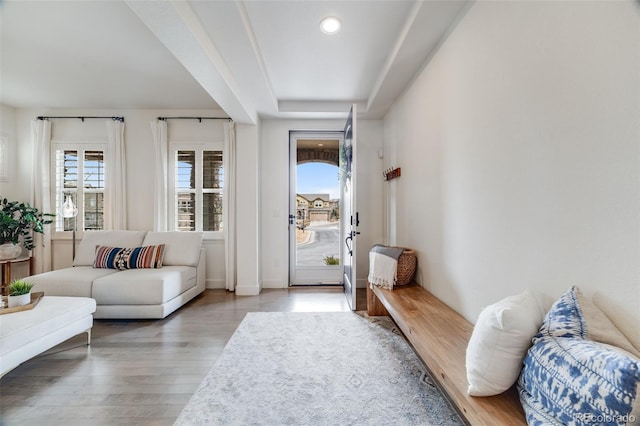 interior space featuring light wood-style floors and recessed lighting