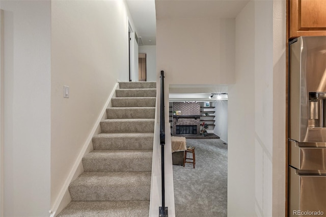 staircase featuring carpet floors