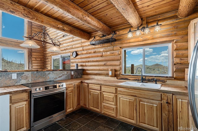 14077 S State Highway 67, Woodland Park, CO 80863 - kitchen with electric range, a sink, wooden ceiling, beam ceiling, and butcher block counters