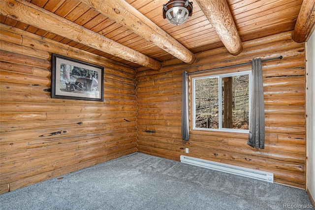 14077 S State Highway 67, Woodland Park, CO 80863 - carpeted empty room with a baseboard radiator, wood ceiling, beamed ceiling, and log walls