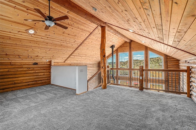 14077 S State Highway 67, Woodland Park, CO 80863 - bonus room with wood ceiling, log walls, a ceiling fan, carpet flooring, and lofted ceiling
