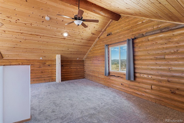 14077 S State Highway 67, Woodland Park, CO 80863 - additional living space with wooden ceiling, carpet floors, ceiling fan, and rustic walls