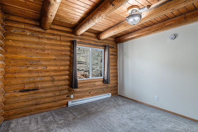 14077 S State Highway 67, Woodland Park, CO 80863 - carpeted spare room with a baseboard heating unit, beamed ceiling, wooden ceiling, log walls, and baseboards