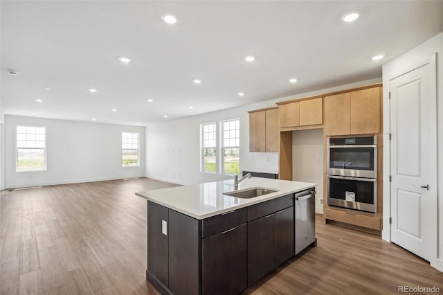 6384 E 154th Pl, Thornton, CO 80602 - kitchen featuring appliances with stainless steel finishes, a sink, an island with sink, light countertops, and recessed lighting