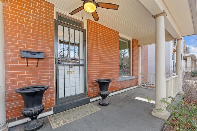 doorway to property featuring ceiling fan, brick siding, and a porch