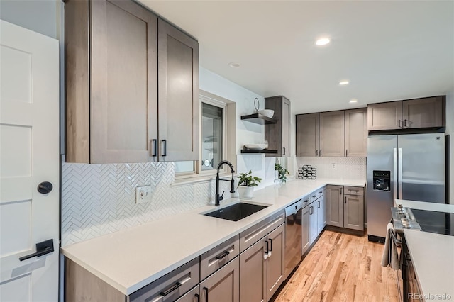 kitchen featuring tasteful backsplash, sink, stainless steel appliances, and light hardwood / wood-style floors