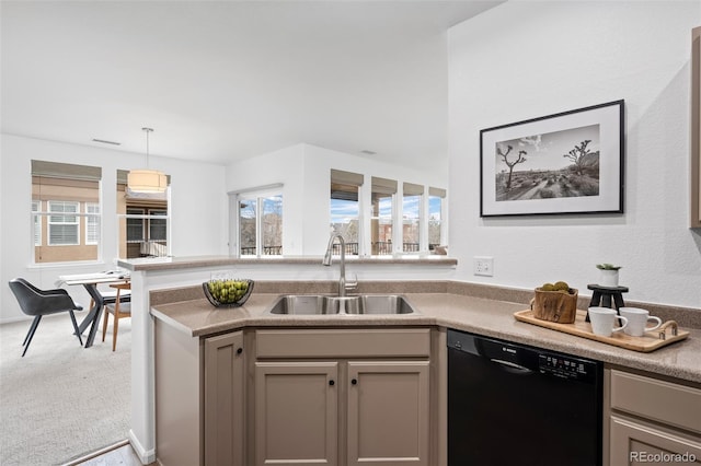 kitchen featuring hanging light fixtures, gray cabinetry, light carpet, sink, and black dishwasher