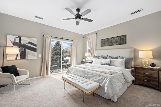 carpeted bedroom with access to exterior and ceiling fan