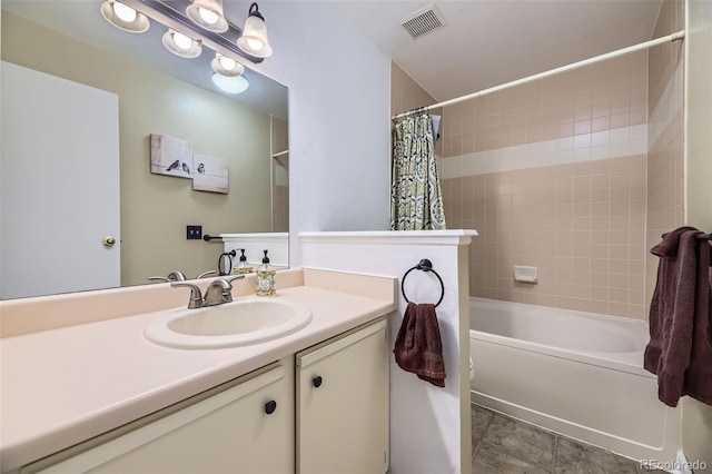 bathroom with shower / bathtub combination with curtain, tile patterned flooring, and vanity