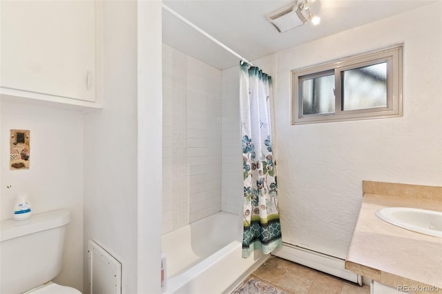 1512 E Monument St, Colorado Springs, CO 80909 - bathroom featuring a baseboard heating unit, shower / tub combo, toilet, and vanity