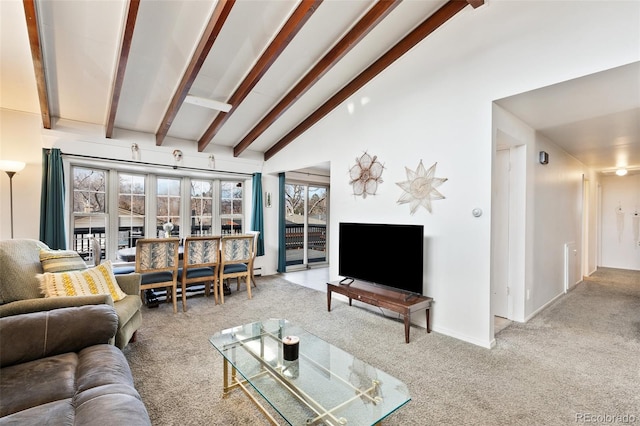 1512 E Monument St, Colorado Springs, CO 80909 - carpeted living area featuring beamed ceiling, baseboards, and high vaulted ceiling