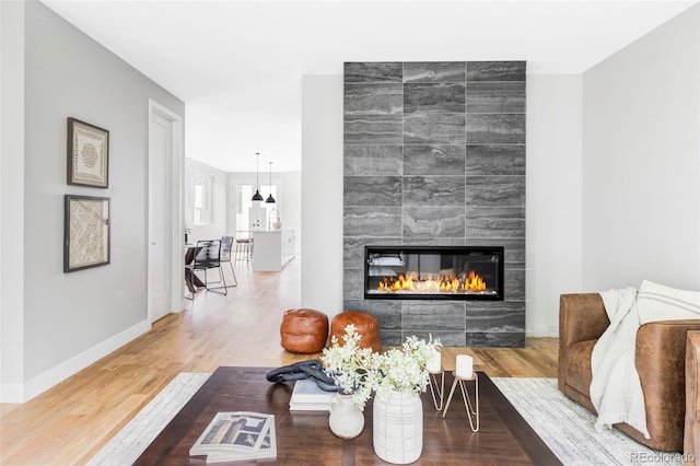 1541 Glencoe St, Denver, CO 80220 - living area with wood finished floors, a fireplace, and baseboards