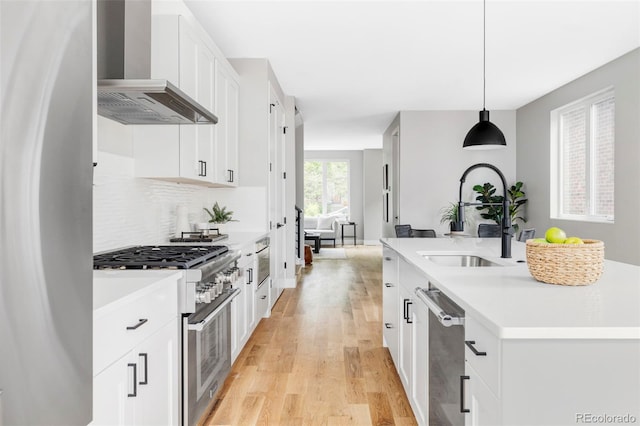 1541 Glencoe St, Denver, CO 80220 - kitchen with appliances with stainless steel finishes, wall chimney exhaust hood, a sink, light wood-type flooring, and light countertops