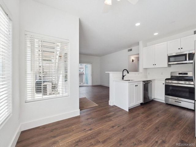 3855 Canyon Ranch Rd Unit 104, Highlands Ranch, CO 80126 - kitchen with appliances with stainless steel finishes, a sink, a peninsula, dark wood-style flooring, and baseboards