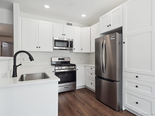 3855 Canyon Ranch Rd Unit 104, Highlands Ranch, CO 80126 - kitchen with stainless steel appliances, a sink, dark wood-style floors, white cabinetry, and recessed lighting