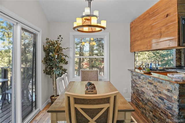 dining space featuring a chandelier, a wealth of natural light, and wood finished floors