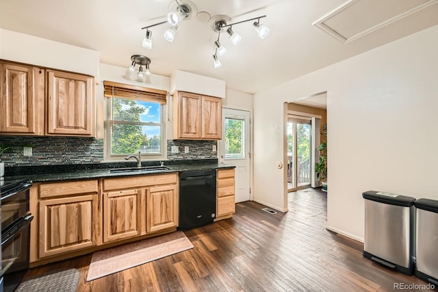 4049 S Nucla Way, Aurora, CO 80013 - kitchen with black appliances, plenty of natural light, decorative backsplash, and dark wood finished floors