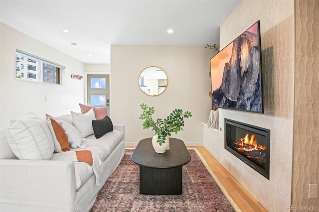 living room with hardwood / wood-style floors and a fireplace