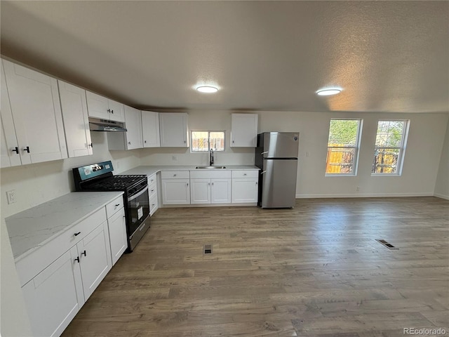 9036 Mandel St, Denver, CO 80260 - kitchen featuring stainless steel appliances, a sink, under cabinet range hood, plenty of natural light, and a textured ceiling