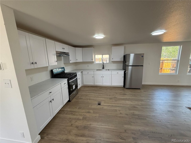 9036 Mandel St, Denver, CO 80260 - kitchen featuring freestanding refrigerator, range with gas cooktop, a sink, under cabinet range hood, and dark wood finished floors
