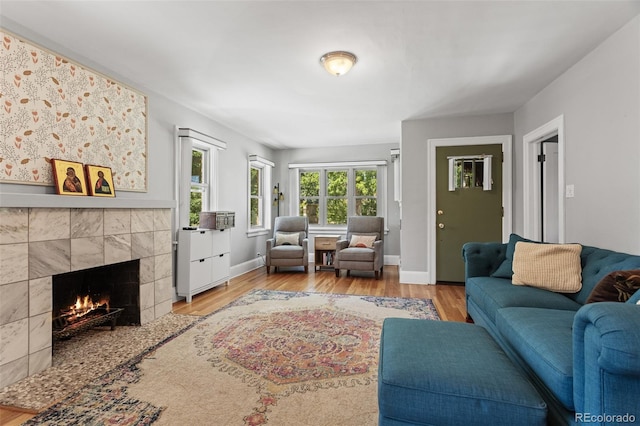 living room featuring a fireplace and light hardwood / wood-style flooring