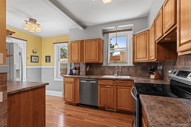 kitchen featuring light hardwood / wood-style flooring, backsplash, crown molding, stainless steel appliances, and sink