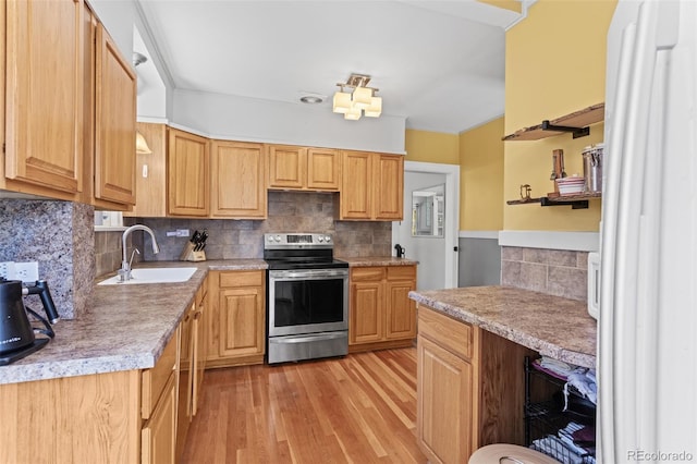 kitchen featuring light hardwood / wood-style flooring, sink, stainless steel electric stove, and decorative backsplash