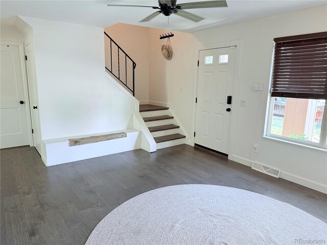 16796 E Union Ave, Aurora, CO 80015 - entrance foyer with ceiling fan, stairs, and wood finished floors