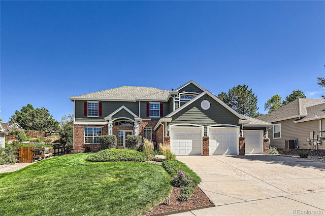 view of front of home featuring concrete driveway, brick siding, a front lawn, and an attached garage