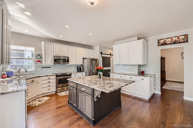 kitchen with dark wood-style floors, a barn door, white cabinetry, and stainless steel appliances