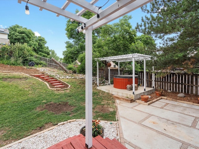 966 Cherry Blossom Ct, Highlands Ranch, CO 80126 - fenced backyard with a hot tub, a pergola, and a patio area