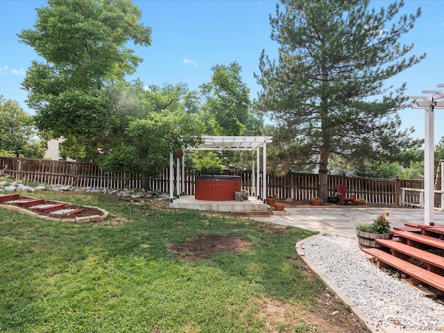966 Cherry Blossom Ct, Highlands Ranch, CO 80126 - fenced backyard with a hot tub, a pergola, and a wooden deck