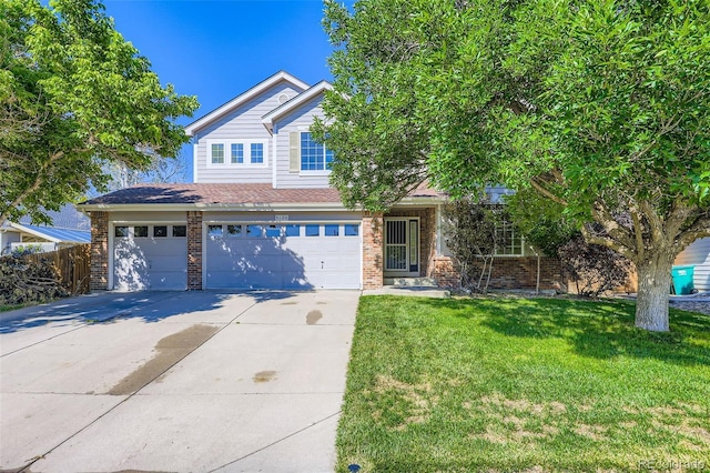 1730 Pear Ct, Brighton, CO 80601 - view of front facade with concrete driveway, brick siding, a front lawn, and a garage