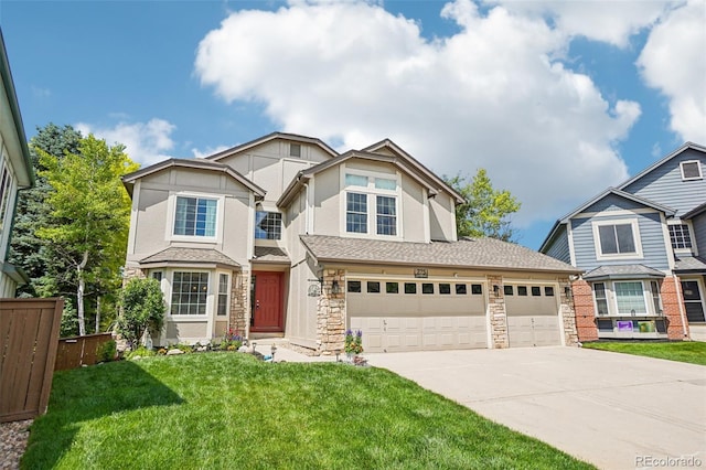 775 Poppywood Dr, Highlands Ranch, CO 80126 - view of front of house featuring driveway, stone siding, a front lawn, stucco siding, and an attached garage
