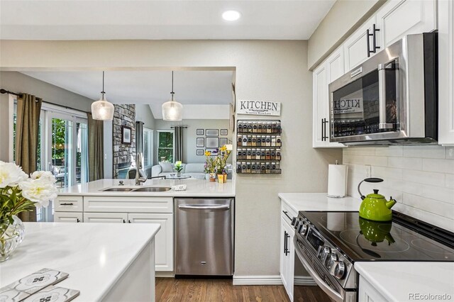 775 Poppywood Dr, Highlands Ranch, CO 80126 - kitchen featuring stainless steel appliances, light countertops, dark wood finished floors, decorative backsplash, and white cabinets